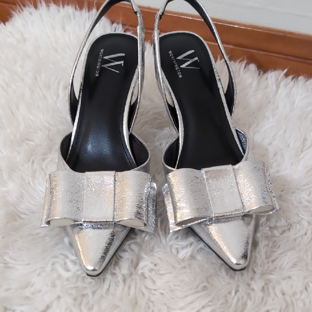 Worthington Metallic Silver Heels with Bow